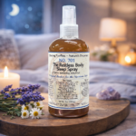 Chaizing Fireflies No. 701 Restless Body Sleep Spray in amber bottle with mineral elements and calming botanicals.