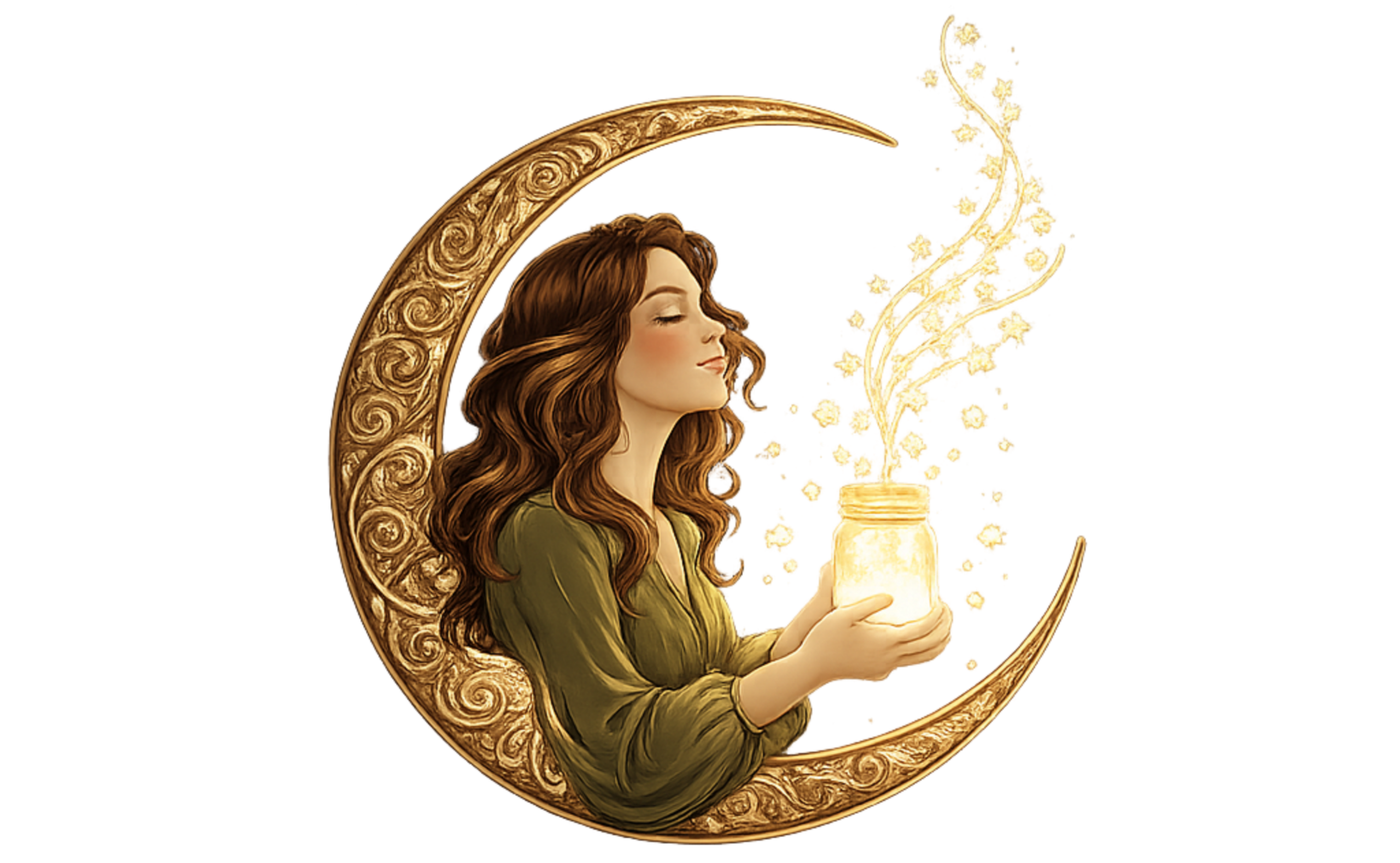 Chaizing Fireflies logo featuring a woman seated in a crescent moon holding a glowing jar.