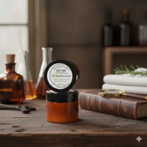 A post‑sun cooling emulsion in amber PET jars designed to draw heat away from sun‑fatigued skin.