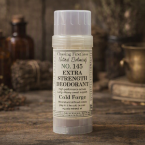 Chasing Fireflies No. 145 Extra Strength Deodorant Cold Forge scent on rustic apothecary background