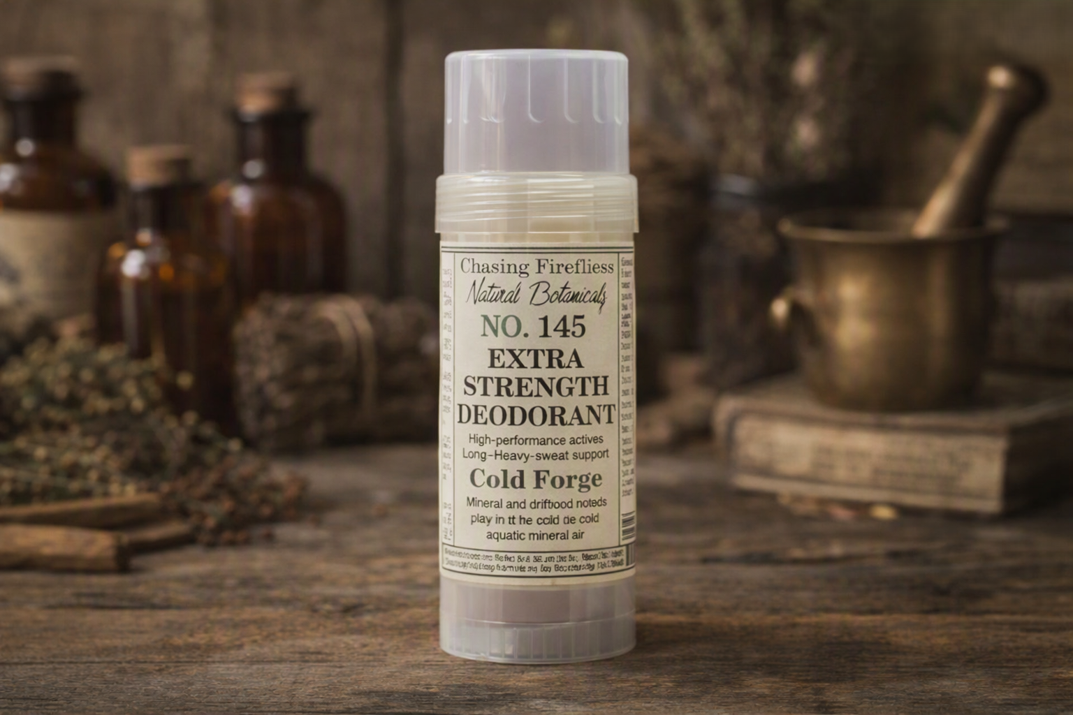 No. 145 — Extra Strength Deodorant Chasing Fireflies No. 145 Extra Strength Deodorant Cold Forge scent on rustic apothecary background