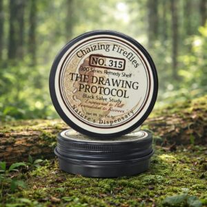 A dense, jet‑black resinous drawing paste in a 2 oz jar, crafted from pine tar and bentonite for traditional recovery.