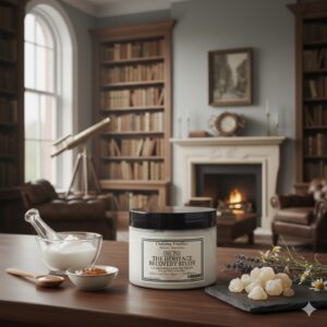 A resinous, mineral‑rich recovery balm in amber apothecary jars.