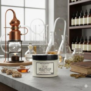 A protective elemental‑shielding balm in an apothecary jar, crafted from slow‑steeped tallow and supportive botanicals.