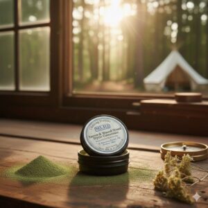 A fine, moss‑green botanical styptic powder in a 2 oz tin, crafted from yarrow, bentonite, kaolin, pine tar, and eucalyptus for minor skin interruptions.