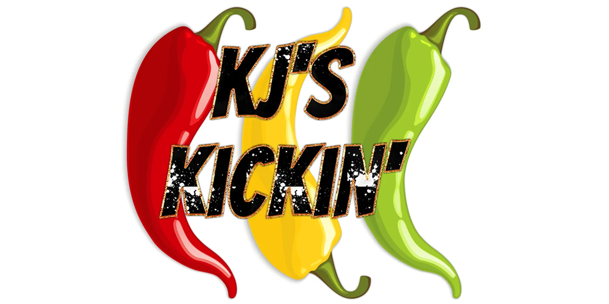 KJ’s Kickin’ logo featuring bold, spicy‑themed lettering with pepper imagery representing their handcrafted pepper jelly.