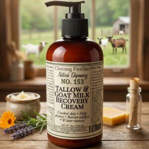 Tallow and Goat Milk Recovery Cream in amber apothecary jar with winter‑repair ingredients.